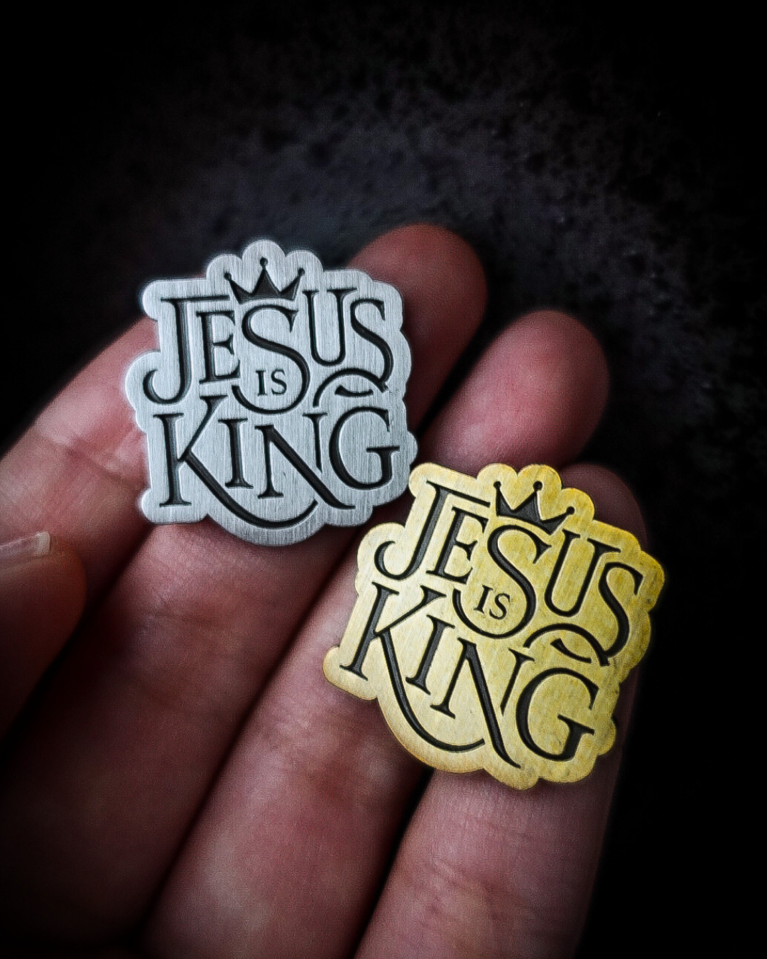 Revelation 19:16 (Jesus Is King) Antique Silver Enamel Pin