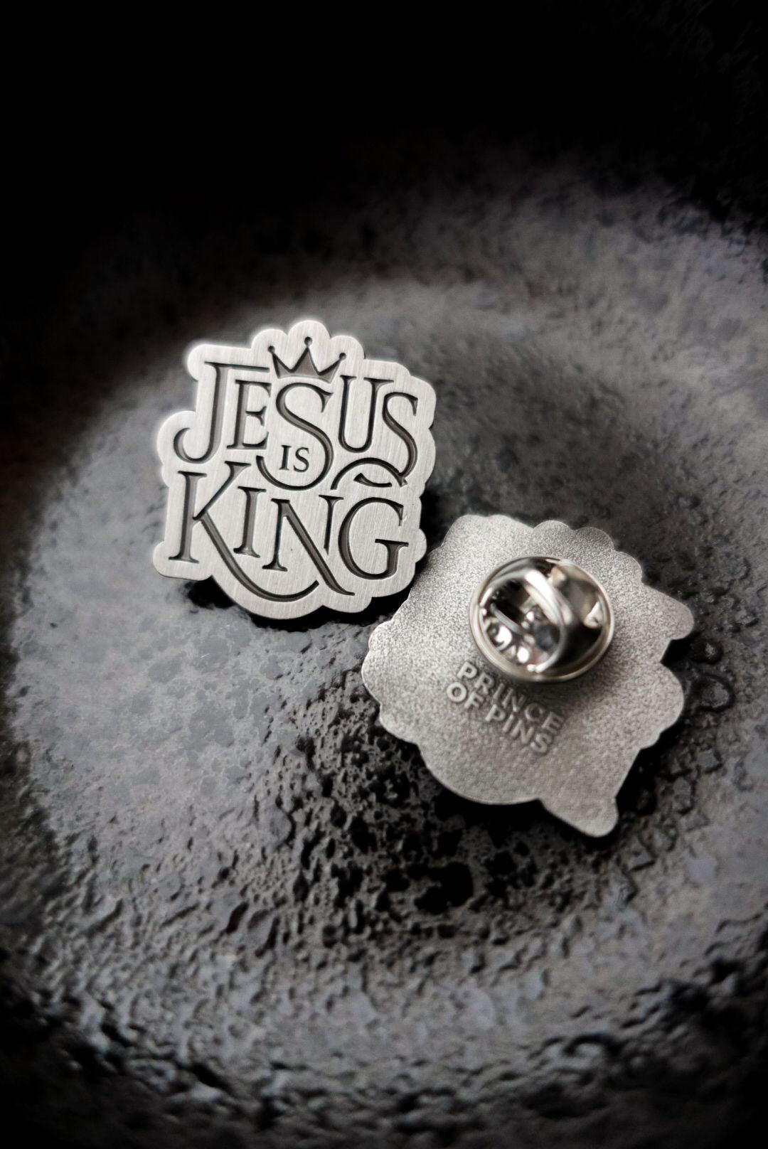 Revelation 19:16 (Jesus Is King) Antique Silver Enamel Pin