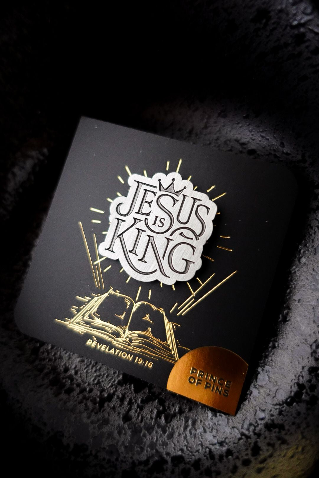 Revelation 19:16 (Jesus Is King) Antique Silver Enamel Pin